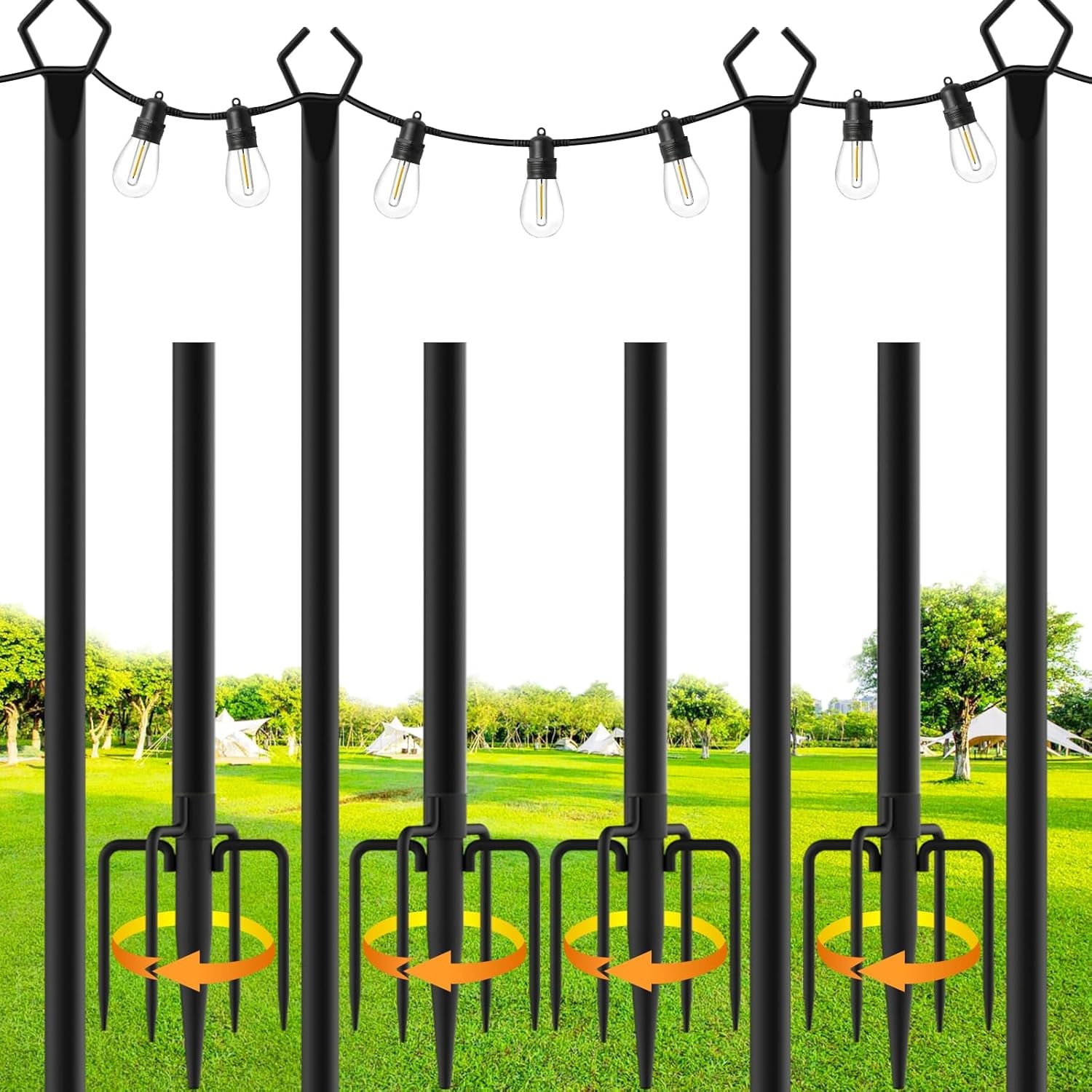 4 Pack String Light Poles,10 Ft Metal Poles with Fork for Outdoor