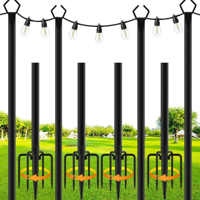 4 Pack String Light Poles,10 Ft Metal Poles with Fork for Outdoor