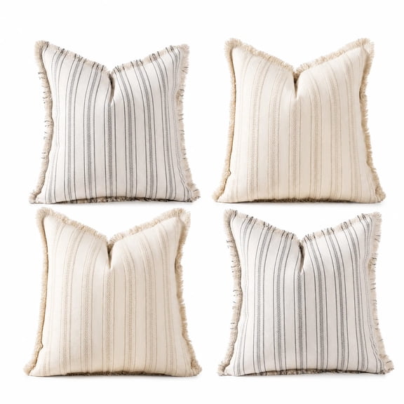 4-Pack Striped Jacquard Pillow Covers with Fringe Edge – Soft Cotton-Polyester Blend Decorative Throw Pillow Cases for Living Room, Bedroom & Farmhouse Boho Decor