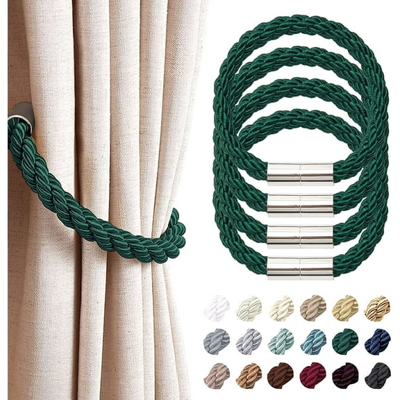 4 Pack Strong Magnetic Curtain Tiebacks Modern Simple Style Drape Tie Backs Convenient Decorative Weave Rope Curtain Holdback for Thin or Thick Home & Office Window Drapery (Green)