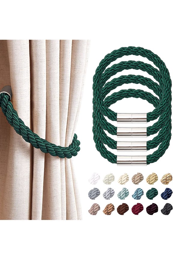 4 Pack Strong Magnetic Curtain Tiebacks Modern Simple Style Drape Tie Backs Convenient Decorative Weave Rope Curtain Holdback for Thin or Thick Home & Office Window Drapery (Green)