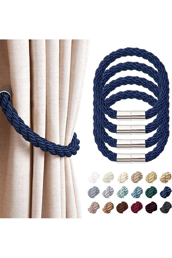 4 Pack Strong Magnetic Curtain Tiebacks Modern Simple Style Drape Tie Backs Convenient Decorative Weave Rope Curtain Holdback for Thin or Thick Home & Office Window Drapery (Royal Blue)