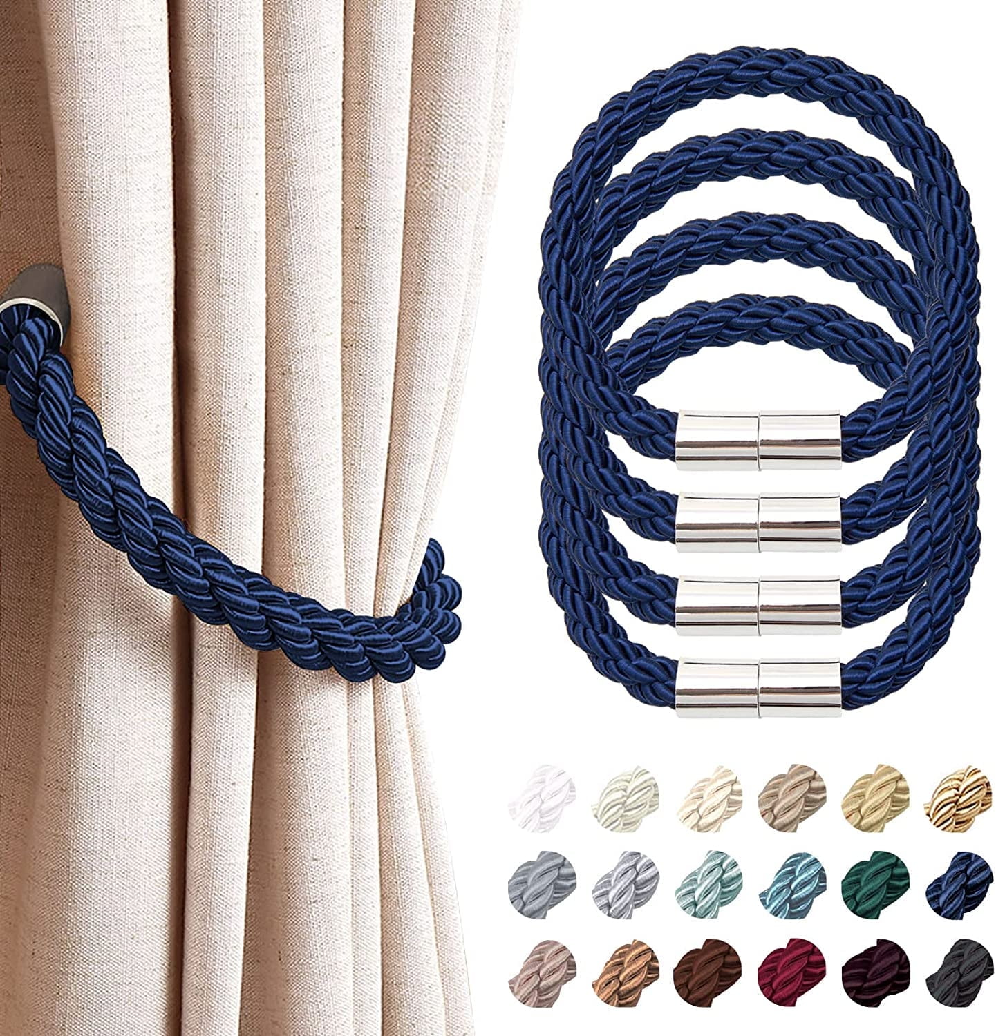 COONE Fermacorde Magnetici Per Tende - 2 Pezzi - Forti Magneti Con Corda Decorativa - Per Casa, Camera Da Letto, Ufficio - Soggiorno E Bagno - 4