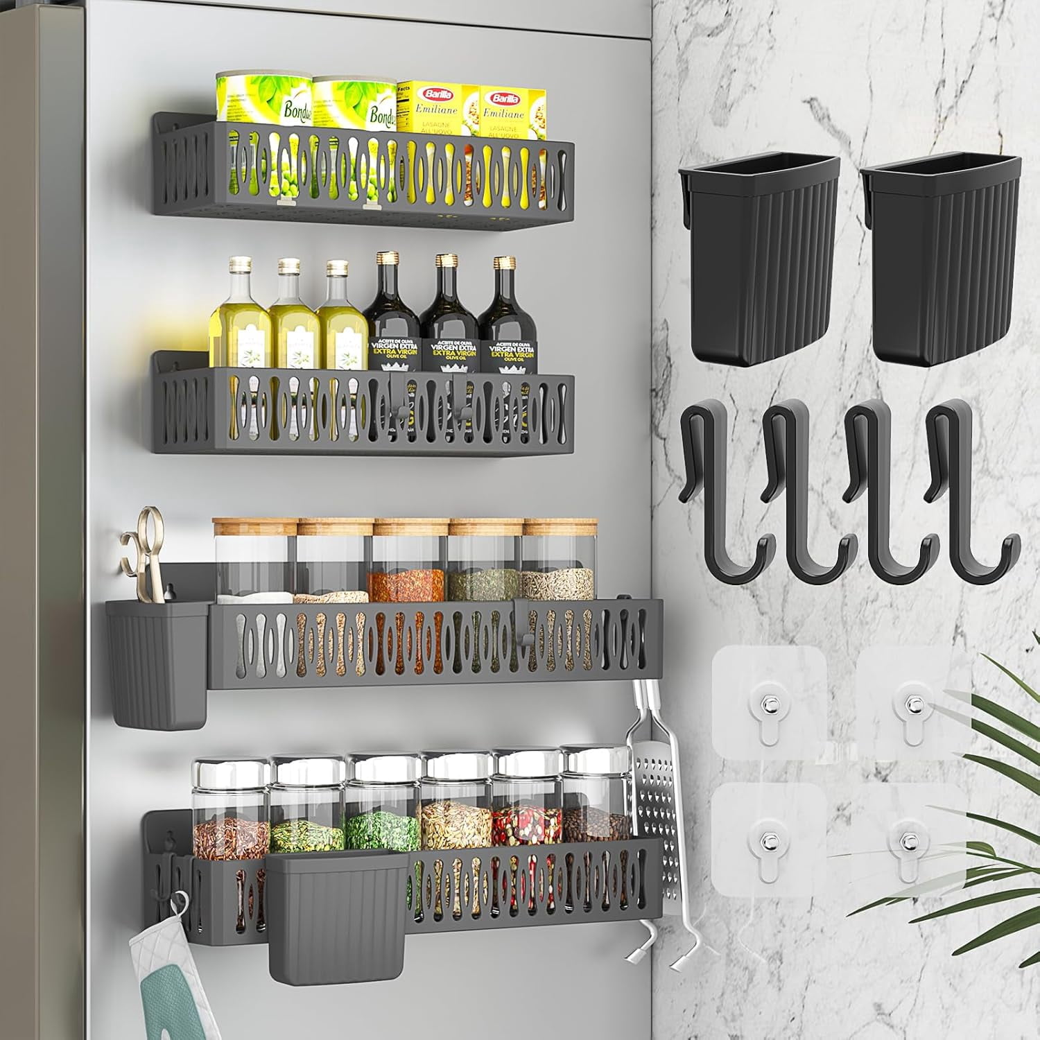 4 Pack Strong Magnetic Spice Rack for Refrigerator, Multipurpose Magnetic Shelf for Fridge with 4 Hooks for Kitchen and Bathroom Organization, Black