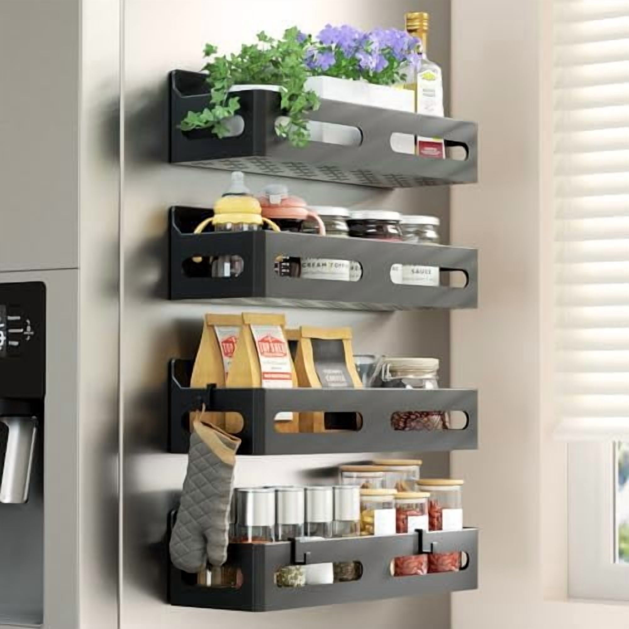 4 Pack Strong Magnetic Spice Rack for Refrigerator, Multipurpose Magnetic Shelf for Fridge with 4 Hooks for kitchen and Bathroom Organization, Black