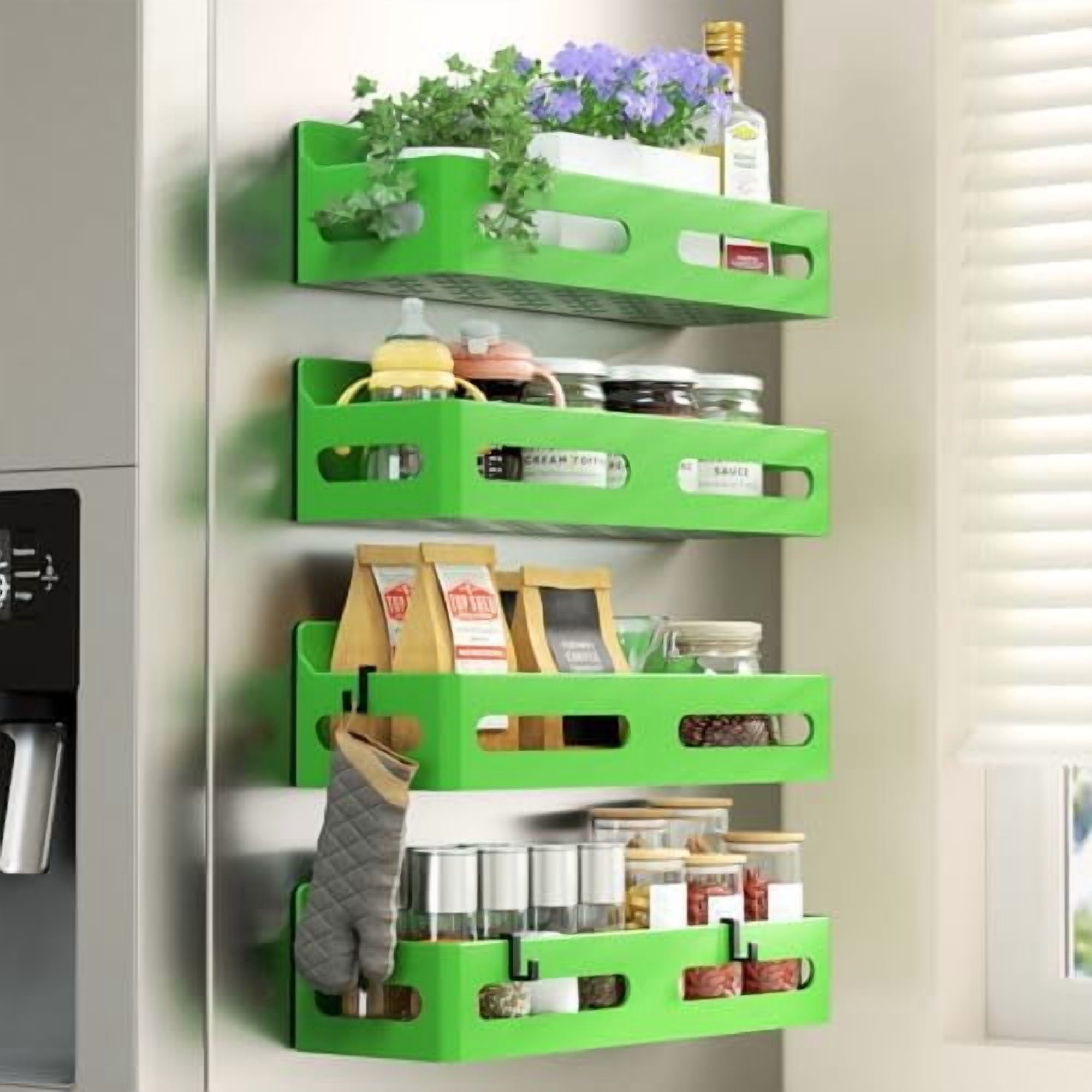 4 Pack Strong Magnetic Spice Rack for Refrigerator, Multipurpose Magnetic Shelf for Fridge with 4 Hooks for kitchen and Bathroom Organization, Green