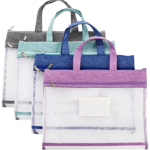 4 Pack Student Book Pouches, A4 Mesh Zipper Bag with Handle, File Document Puzzle Bag with Name Card Pocket for Organizing Storage Board , School Office Appliances, Convenient to Carry