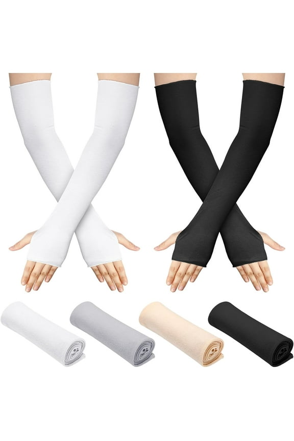 4 Pack Sun Protection UV Gloves Fingerless Gloves Women Wrist Length Cotton Gloves Sun Block Driving Gloves Unisex(Color Set 8, Elbow length)