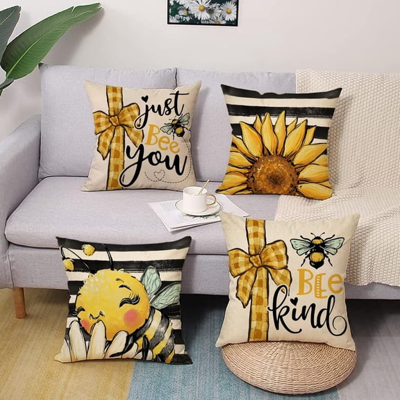 4 Pack Sunflower Bee Throw Pillow Covers 20x20, Spring Summer Farmhouse Decor, Yellow Buffalo Plaid Black White Stripe Outdoor Couch Cushion Case