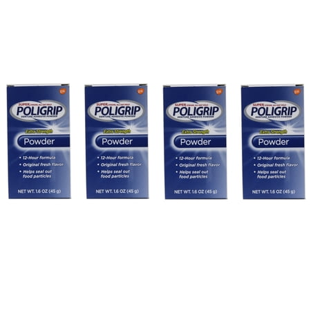 4 Pack Super Poligrip Extra Strength 12h Denture Adhesive Powder, 1.6 Oz Each