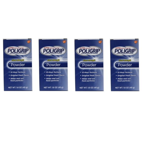 4 Pack Super Poligrip Extra Strength 12h Denture Adhesive Powder, 1.6 Oz Each