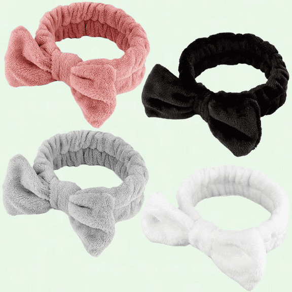 4 Pack Super Soft Microfiber Spa Headband with Elastic Bow Hair Band