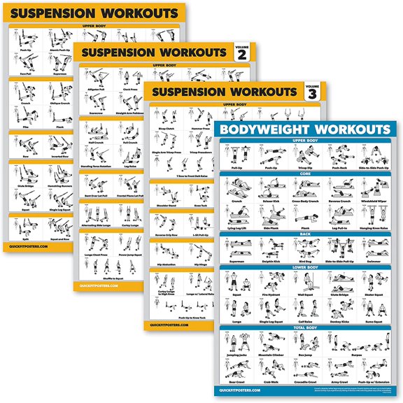 4 Pack - Suspension Workout Posters Volume 1, 2 & 3 + Bodyweight Exercise Chart - Set of 4 Posters (LAMINATED, 18" x 24")