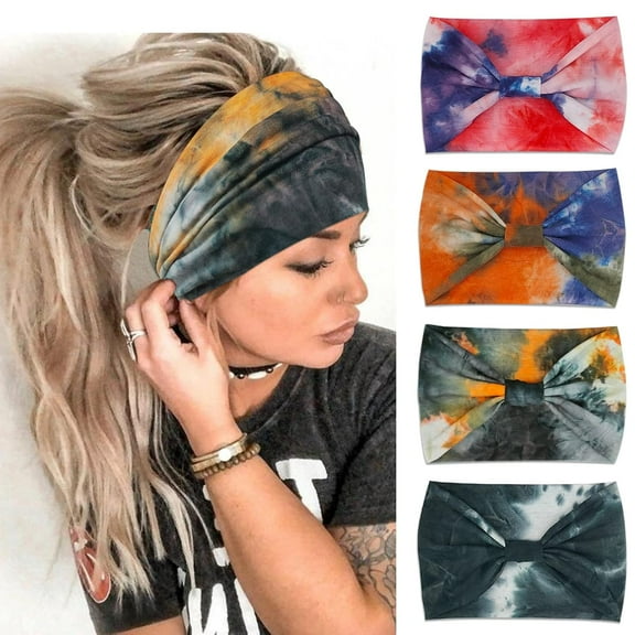 4 Pack Sweatband, Wide Headbands for Women Knotted Headband African Women’s Head Wraps Stretchy Turban Hair Accessories Bands Tie Dye Style gym wrap headband