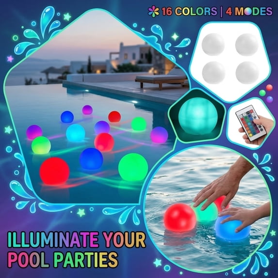 4-Pack Swimming Pool Floating Pool Lights: 16 Color with Remote Control IP68 Waterproof LED Ball Light Floating Lights Remote Control RGB color changing light & Interior decoration lights