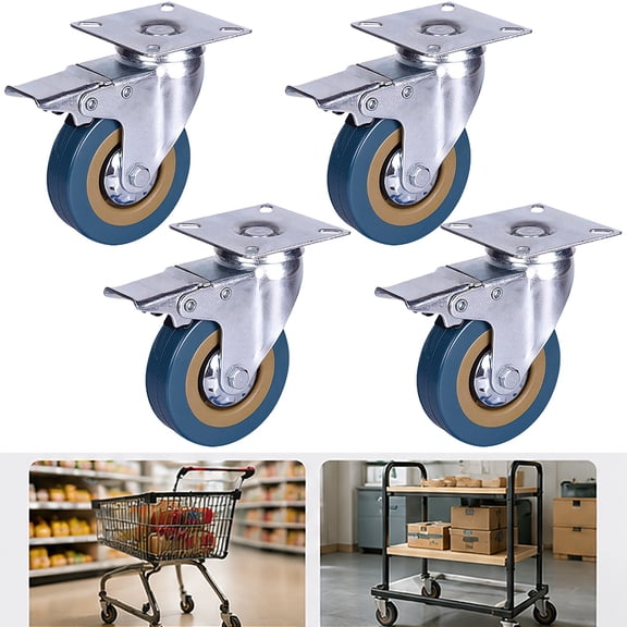 4-Pack Swivel Caster Wheels with Brake 2", 360° Rotating Locking Plate Casters for Utility Cart Workbench Furniture & Tool Stand, Quiet Rubber, Non-Scratch, By Harlik