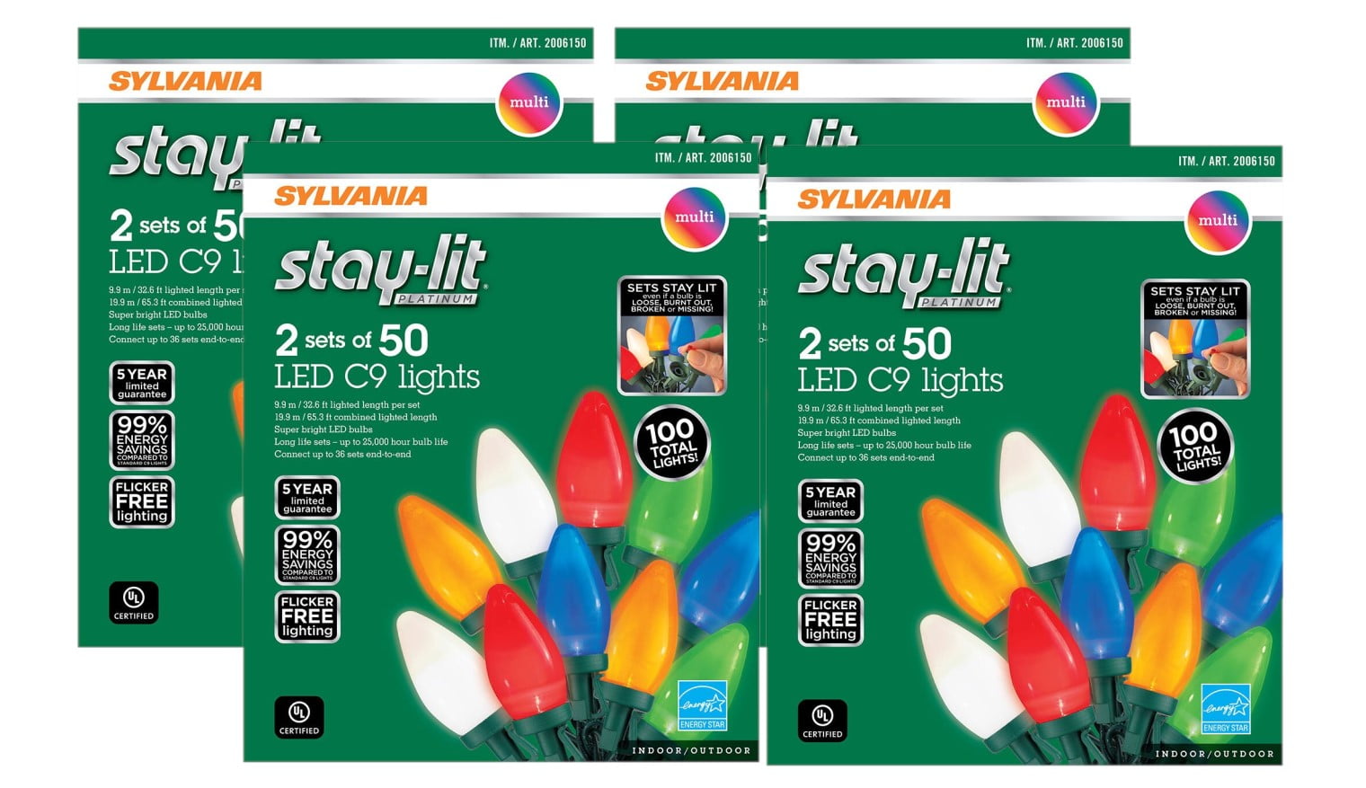 4 Pack Sylvania Staylit Platinum LED C9 Multicolor Lights, 2 Sets of