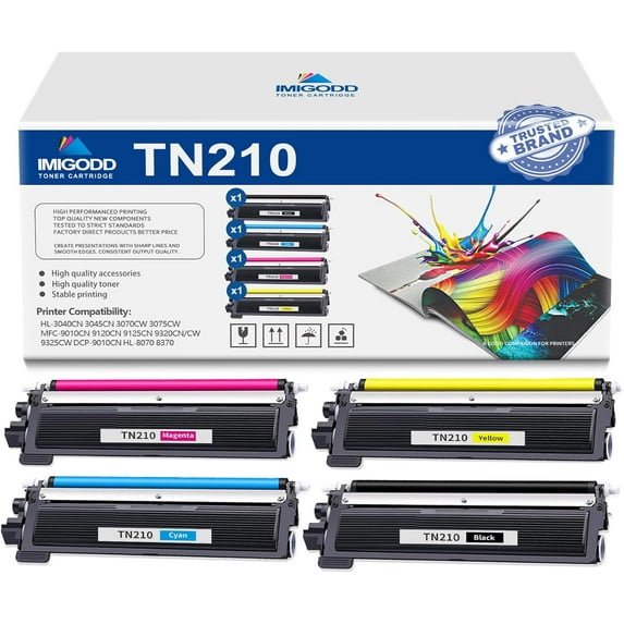 4-Pack TN210 BK/C/M/Y Toner Cartridge Replacement for Brother High Capacity with HL-3040CN 3045CN 3070CW 3075CW MFC-9010CN 9120CN 9125CN 9320CN/CW 9325CW DCP-9010CN HL-8070 8370 Printer