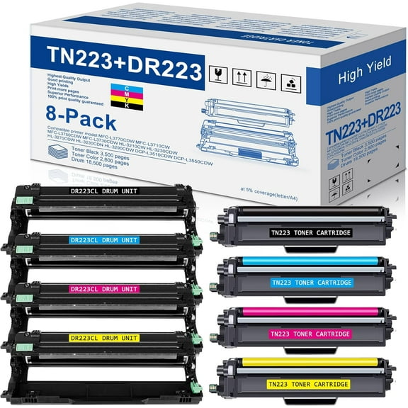 4 Pack TN223 BK/C/M/Y Toner Cartridge DR223CL Drum Unit Set 4 Pack Replacement for Brother TN-223 TN-227 DR-223CL for MFC-L3710CW MFC-L3770CDW MFC-L3750CDW HL-3230CDW Printer (4xTN223+4xDR223CL)