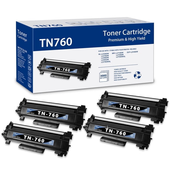 4 Pack TN760 Black Toner Cartridge Compatible for Brother HL-L2395DW Printer