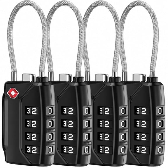 Maspost TSA Approved Luggage Lock, 4-Digit Resettable Combination Cable Lock, Zinc Alloy, Black, 4 pack
