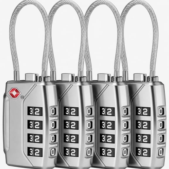 Maspost Luggage Lock, TSA Approved 4-Digit Resettable Combination Cable Lock, Zinc Alloy, Silver, 4 pack