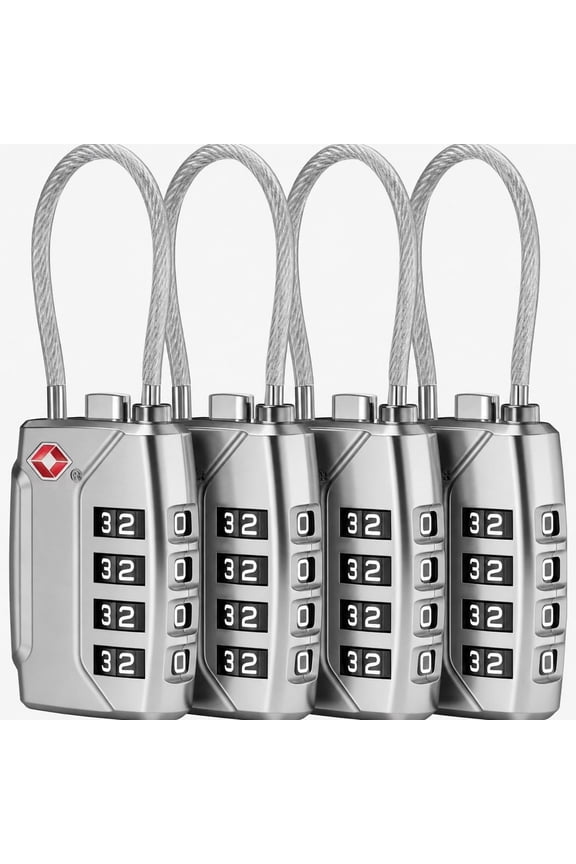 Luggage Lock, TSA Approved 4-Digit Resettable Combination Cable Lock, Zinc Alloy, Silver, 4 pack