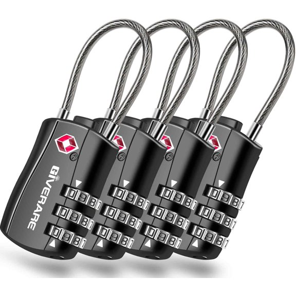 4 Pack TSA Approved Luggage Locks, Combination Travel Cable Lock, Re-settable 3-Digit Padlocks with Alloy Body, Keyless TSA Padlock for Gym Locker, Golf Bag Case-Black