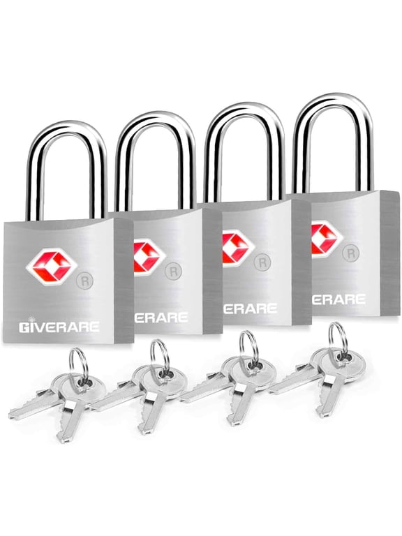4 Pack TSA Approved Travel Luggage Locks with Keys, Aluminum Alloy Keyed Padlock, Small Metal Suitcase Lock, Weatherproof Padlocks for Backpack, Gym Locker, Bag, Case, Jewelry Box, Anti Theft-Silver