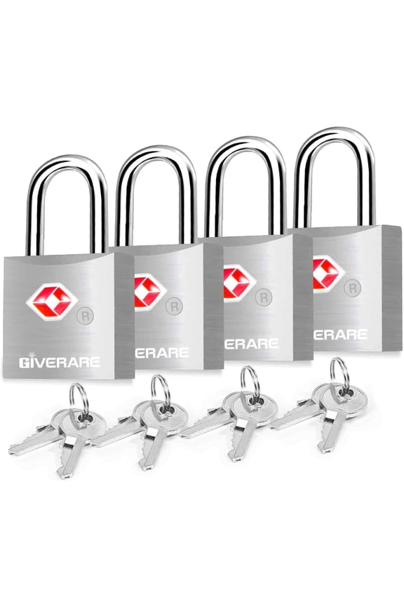 4 Pack TSA Approved Travel Luggage Locks with Keys, Aluminum Alloy Keyed Padlock, Small Metal Suitcase Lock, Weatherproof Padlocks for Backpack, Gym Locker, Bag, Case, Jewelry Box, Anti Theft-Silver