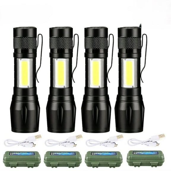 4 Pack Tactical LED Flashlight USB Rechargeable 3Modes Light Zoomable Lamp Torch