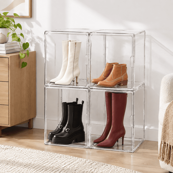 4 Pack Tall Boot Storage Organizer Boxes, Clear PET Plastic Stackable Closet Bins