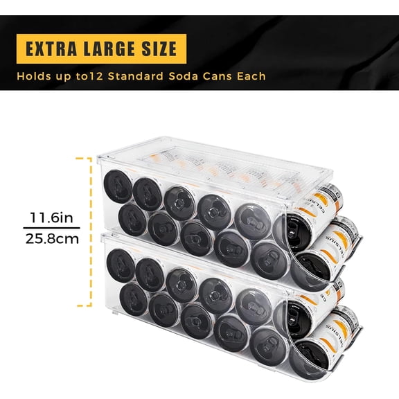 4 Pack Tall Can Organizer for Refrigerator, Stackable Plastic Storage Bins with Lid - Holds 12 Slim Cans Each