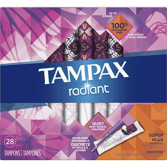 4 Pack - Tampax Radiant Plastic Tampons, Super plus Absorbency, Unscented, 28 Count (Packaging May Vary)
