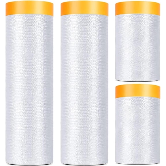 4 Pack Tape and Drape, 3 Sizes Pre-Taped Masking Film for Auto Painting Covering, 65.6 Ft/Pack Plastic Pre-Adhesived Dust Paint Protective Drop Film for Furniture, Car, Floor Pre-Taped Masking Film