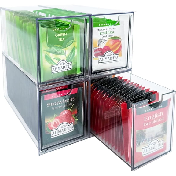 4-Pack Tea Bag Drawers Organizer - 4 Clear Plastic Drawer Tea Bag Holder; Stackable & Portable; Wider Size; Well-Organized Storage for Tea Bags & Kitchen Essentials