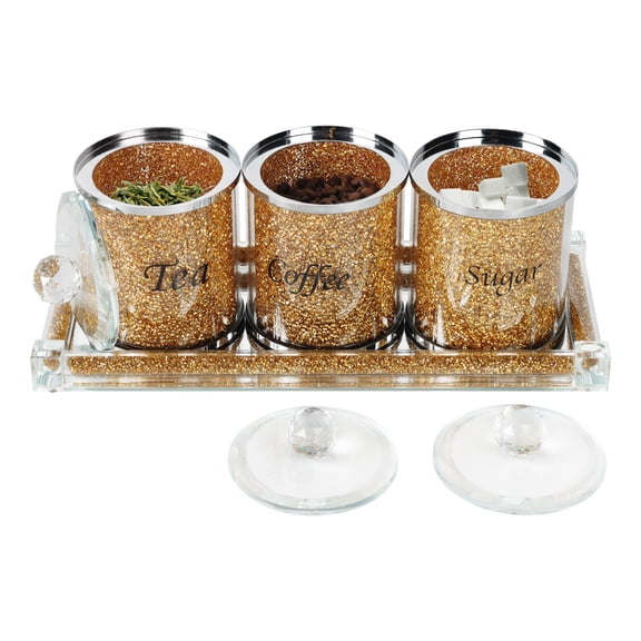 4 Pack Tea Coffee Sugar Container Set with Crushed Diamond Tray, Decorative Kitchen Canisters with Lid, Bling Glass Snacks Containers Jar Storage,Gold