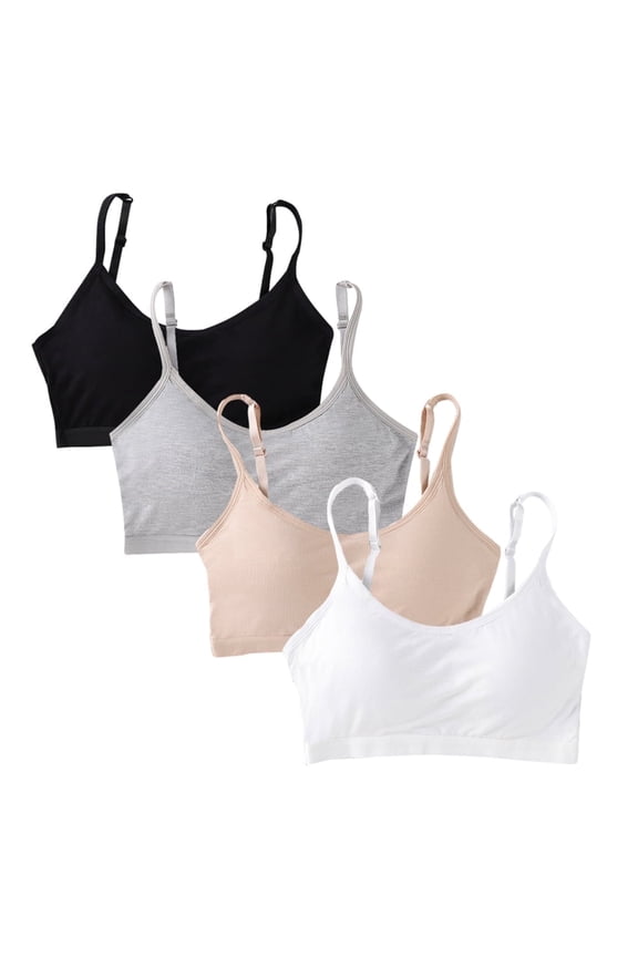 4-pack Girls Cotton Training Bra for Teens with Adjustable Straps & Fixed Padding, Wireless First Bras for Juniors 10-18 Years