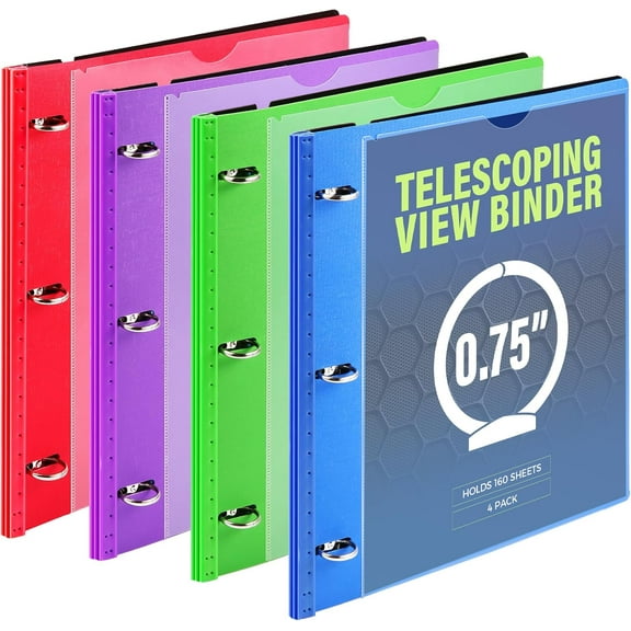 4-Pack Telescoping 3 Ring Binder(0.75"), Expandable Flexible Binder - Patented Design for Easy Portability, Holds 160 Sheets, 4 Vibrant Colors, Perfect for School, Office&Home Organization