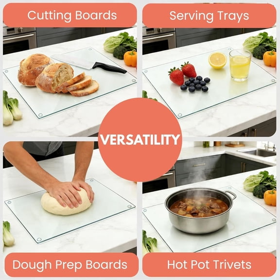 4 Pack Tempered Glass Cutting Board with Rubber Feet, Rectangle Non-slip Chopping Board, Long Lasting Clear Glass Tray for Kitchen Countertop, Table, Shatter-Resistant, Heat-Resistant, 2 Size