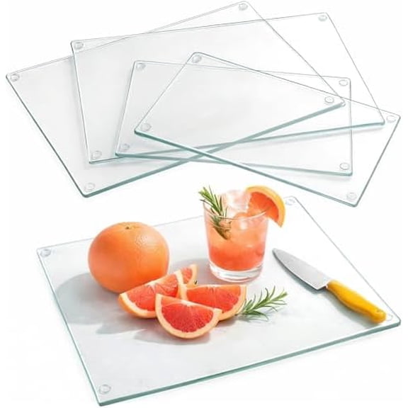 4 Pack Tempered Glass Cutting Board with Rubber Feet, Rectangle Non-slip Chopping Board, Long Lasting Clear Glass Tray for Kitchen Countertop, Table, Shatter-Resistant, Heat-Resistant, 2 Size