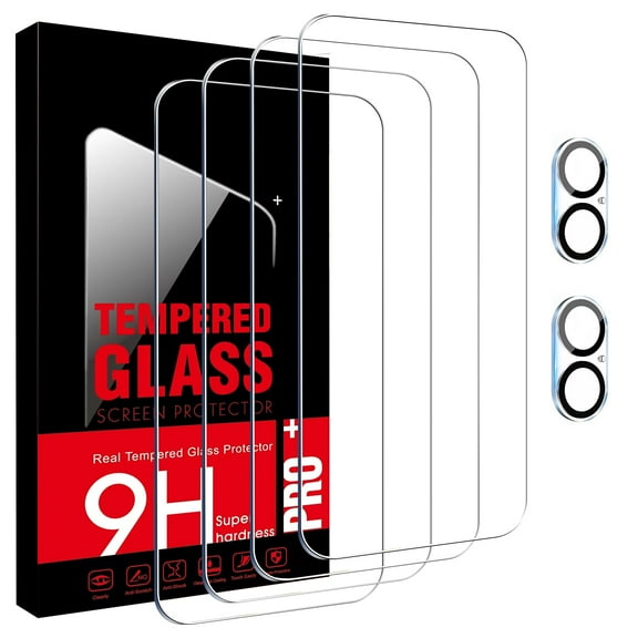 4-Pack of Tempered Glass Screen Protectors + 2 Camera Lens Protectors For iPhone 16 Plus, 9H Hardness, Scratch And Drop Resistance, HD, Fingerprint Unlocking
