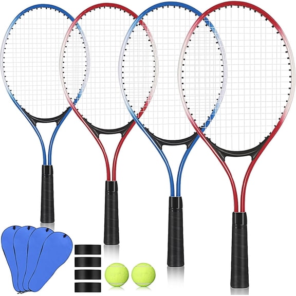 4 Pcs Tennis Rackets for Kids, 21 in, with Balls, Blue Red | Beginner Set, Overgrips Included, Carry Bag, Lightweight Frame, 4 Racquets for Boys Girls