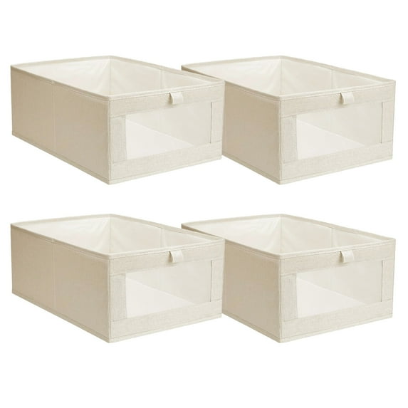 4 Pack TeqHome Foldable Closet Storage Bins with Clear Window Linen Closet Baskets for Closet Organization for Clothing Jeans Shelves Toys Beige