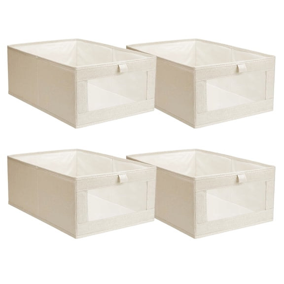 4 Pack TeqHome Foldable Closet Storage Bins with Clear Window Linen Closet Baskets for Closet Organization for Clothing Jeans Shelves Toys Beige