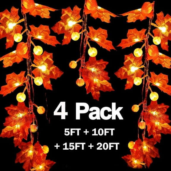 4 Pack Thanksgiving Decor Pumpkin Maple Leaf String Lights Fall Decoration Seasonal Christmas Warm LED Light Decoration