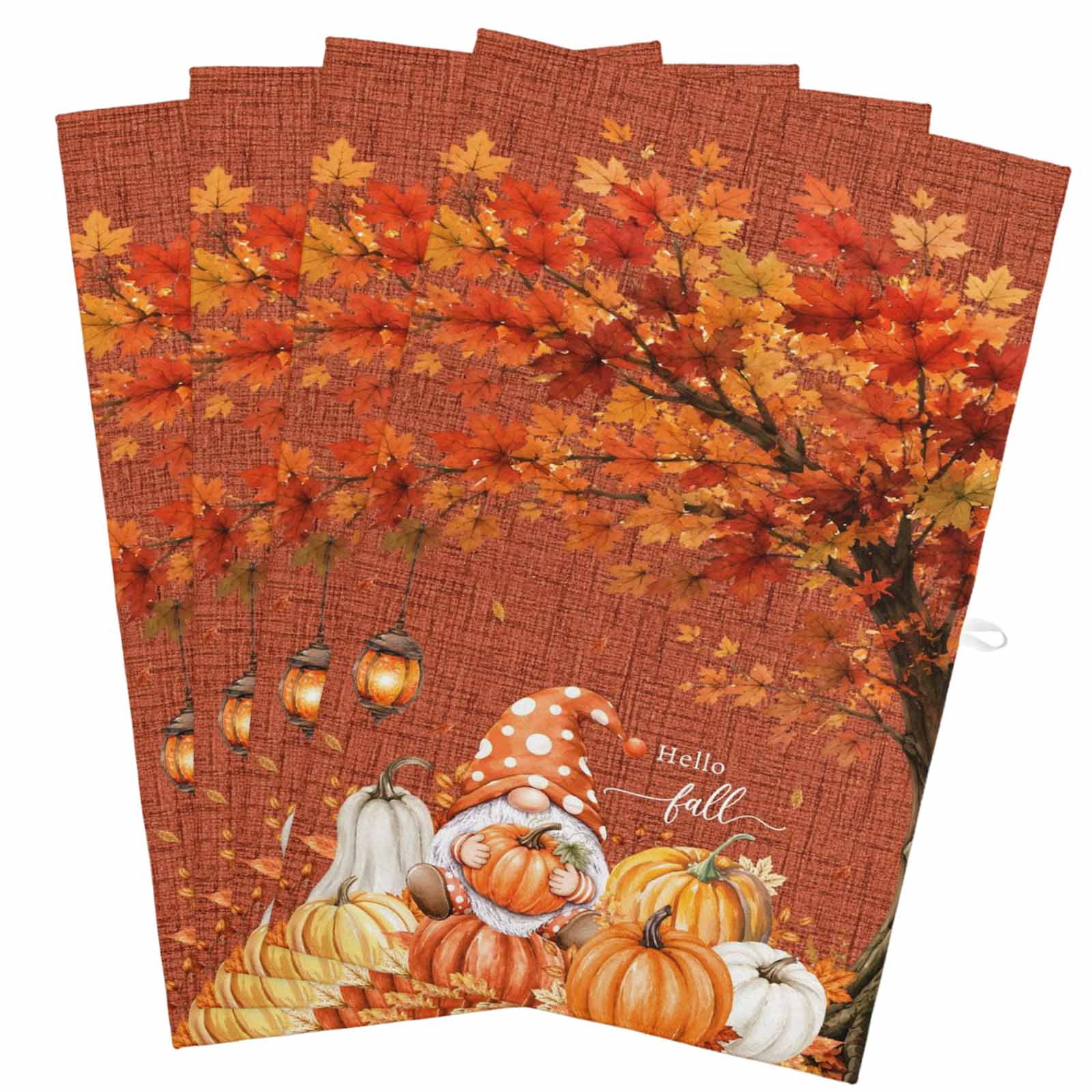 4 Pack Thanksgiving Gnome Kitchen Towels Fall Orange Pumpkin Tree Brown ...