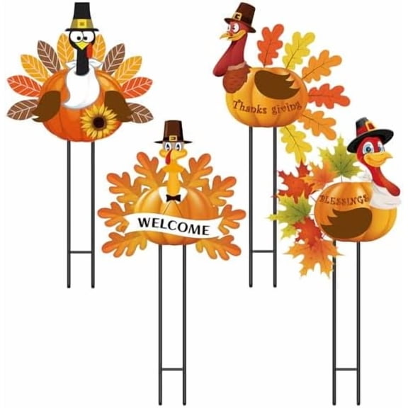 4 Pack Thanksgiving Outdoor Decorations, Metal Turkey Yard Stakes with Pumpkin and Welcome Signs, Fall Harvest Thanksgiving Yard Decorations for Lawn, Garden, Porch, Pathway, Patio$$Garden & Patio