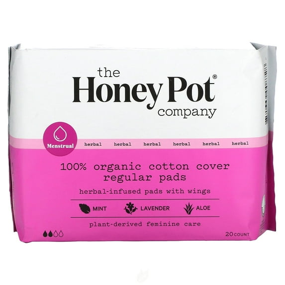 (4 Pack) The Honey Pot Company, Organic Regular Herbal-Infused Pads With Wings, 20 Count