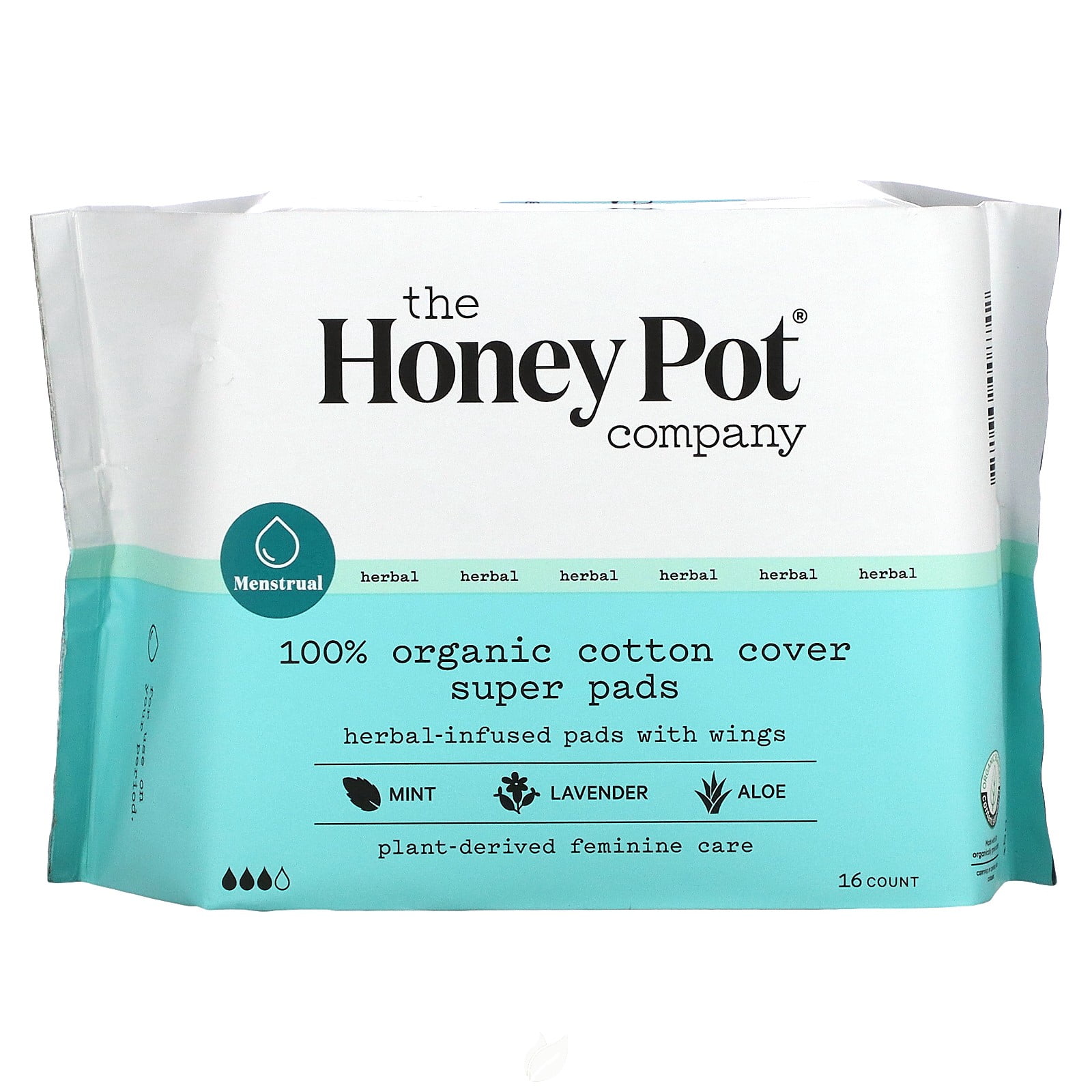 The Honey Pot Pads, Herbal-Infused, with Wings, 100% Organic Cotton Cover, Regular - 20 pads